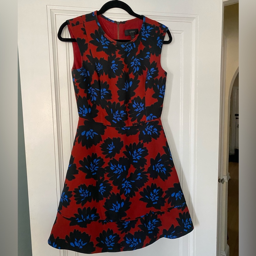 I crew dress size four. Floral print- black, red and blue